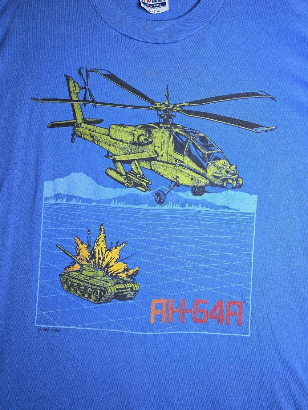 Vintage 80s Apache AH 64A Helicopter Hanes Blue Tee Single Stitch Green Yellow - Picture 2 of 9